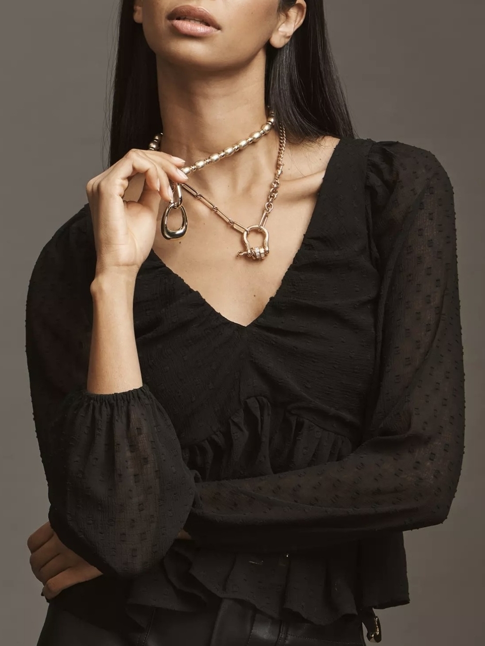 Black Textured V-Neck Ruffle Blouse
